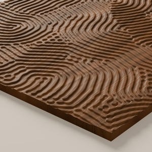 May include: A rectangular wooden panel featuring a carved, three-dimensional surface pattern of continuous, flowing, wavy lines and concentric circular shapes that create a textured, topographical relief across the dark brown wood grain.
