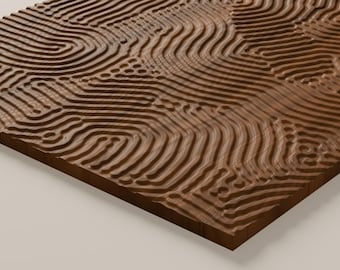 May include: A rectangular wooden panel featuring a carved, three-dimensional surface pattern of continuous, flowing, wavy lines and concentric circular shapes that create a textured, topographical relief across the dark brown wood grain.