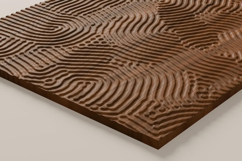May include: A rectangular wooden panel featuring a carved, three-dimensional surface pattern of continuous, flowing, wavy lines and concentric circular shapes that create a textured, topographical relief across the dark brown wood grain.