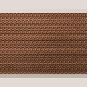 May include: A rectangular wooden panel featuring a repeating geometric pattern of raised, three-dimensional triangles. The surface displays a rich, medium-brown wood grain texture, creating a consistent, textured grid across the entire piece.