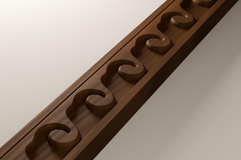 May include: A dark brown wooden molding strip featuring a continuous carved pattern of repeating, interconnected scroll-like shapes. The wood has a smooth, matte finish with visible grain, and the design creates a series of recessed curves.