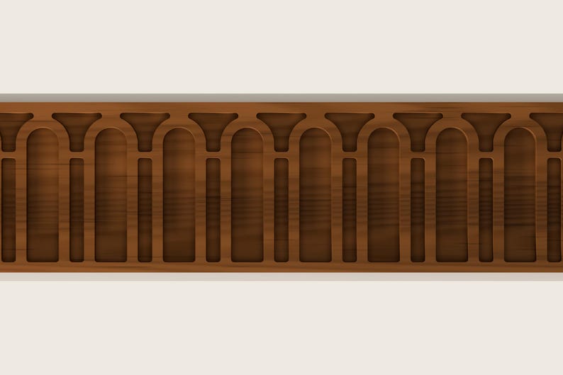 May include: A horizontal wooden molding strip featuring a repeating pattern of arched cutouts. The dark brown wood grain is visible throughout the piece, which displays a series of vertical rectangular sections topped by rounded arches.