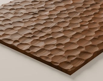 May include: A rectangular wooden panel featuring a carved surface with a repeating pattern of concave, circular indentations of varying sizes. The natural brown wood grain is visible across the textured, undulating surface.