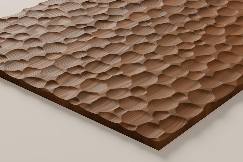 May include: A rectangular wooden panel featuring a carved surface with a repeating pattern of concave, circular indentations of varying sizes. The natural brown wood grain is visible across the textured, undulating surface.