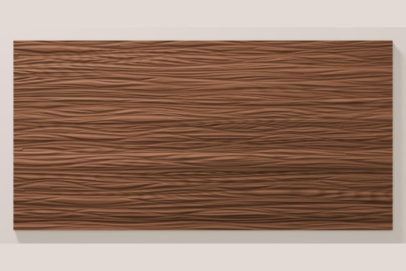 May include: A rectangular wall panel featuring a rich, medium-brown finish with a deeply textured surface. The design consists of continuous, horizontal, undulating wave-like ridges that mimic the organic flow of natural wood grain patterns.