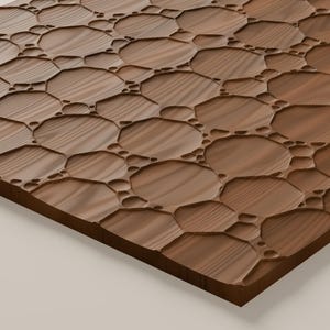 May include: A rectangular wooden panel featuring a carved surface pattern of interconnected octagonal shapes and smaller circular indentations. The wood displays a natural brown grain with varying tones and a smooth, recessed texture.