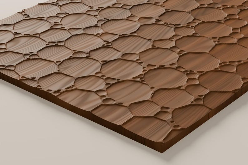 May include: A rectangular wooden panel featuring a carved surface pattern of interconnected octagonal shapes and smaller circular indentations. The wood displays a natural brown grain with varying tones and a smooth, recessed texture.