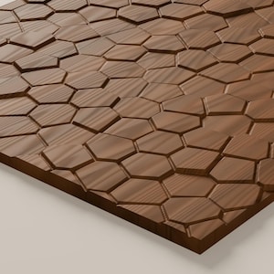 May include: A rectangular wooden panel featuring a three-dimensional surface pattern composed of interlocking, irregular hexagonal shapes. The wood displays a natural brown grain with varying depths and angles between each geometric segment.