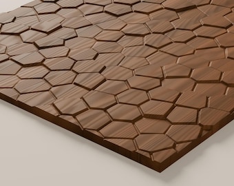 May include: A rectangular wooden panel featuring a three-dimensional surface pattern composed of interlocking, irregular hexagonal shapes. The wood displays a natural brown grain with varying depths and angles between each geometric segment.
