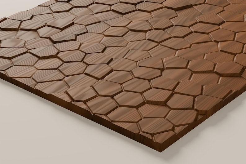 May include: A rectangular wooden panel featuring a three-dimensional surface pattern composed of interlocking, irregular hexagonal shapes. The wood displays a natural brown grain with varying depths and angles between each geometric segment.