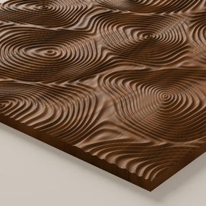 May include: A rectangular wooden panel featuring a carved, three-dimensional surface pattern of concentric, undulating circular rings that resemble topographical lines or ripples in water, finished in a rich, dark brown wood grain.