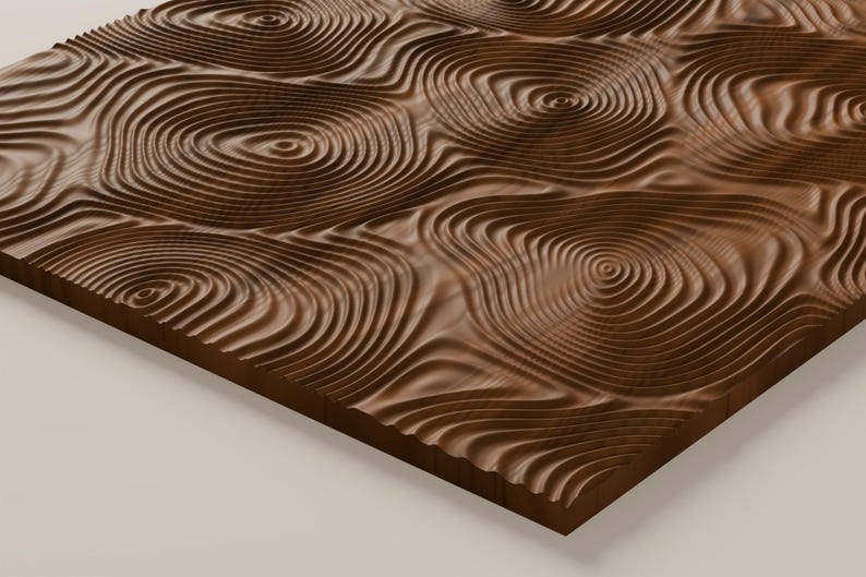May include: A rectangular wooden panel featuring a carved, three-dimensional surface pattern of concentric, undulating circular rings that resemble topographical lines or ripples in water, finished in a rich, dark brown wood grain.