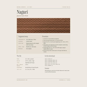 May include: A digital cut sheet for a Naguri Japanese adze finish texture pack. The document features a brown, scalloped wood texture sample, technical setup instructions, procedure steps, file specifications, and a list of included download files.
