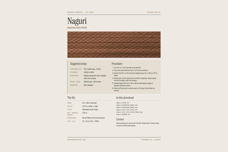 May include: A digital cut sheet for a Naguri Japanese adze finish texture pack. The document features a brown, scalloped wood texture sample, technical setup instructions, procedure steps, file specifications, and a list of included download files.