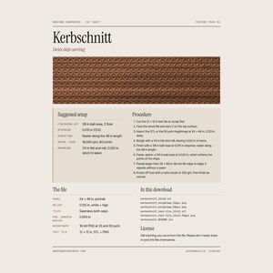 May include: A digital product information sheet titled Kerbschnitt Swiss chip carving. It features a brown, repeating geometric triangular texture pattern and detailed technical instructions for CNC machining, including setup, procedure, and file specifications.