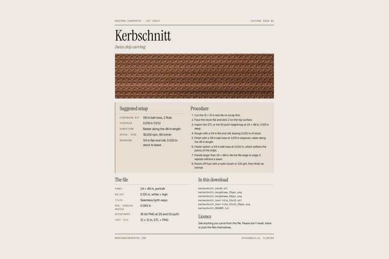 May include: A digital product information sheet titled Kerbschnitt Swiss chip carving. It features a brown, repeating geometric triangular texture pattern and detailed technical instructions for CNC machining, including setup, procedure, and file specifications.