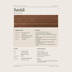 May include: A digital cut sheet titled Rainfall featuring a brown wood texture with concentric ripple patterns. The document includes sections for suggested setup, procedure, file specifications, and download contents in a clean, structured layout.