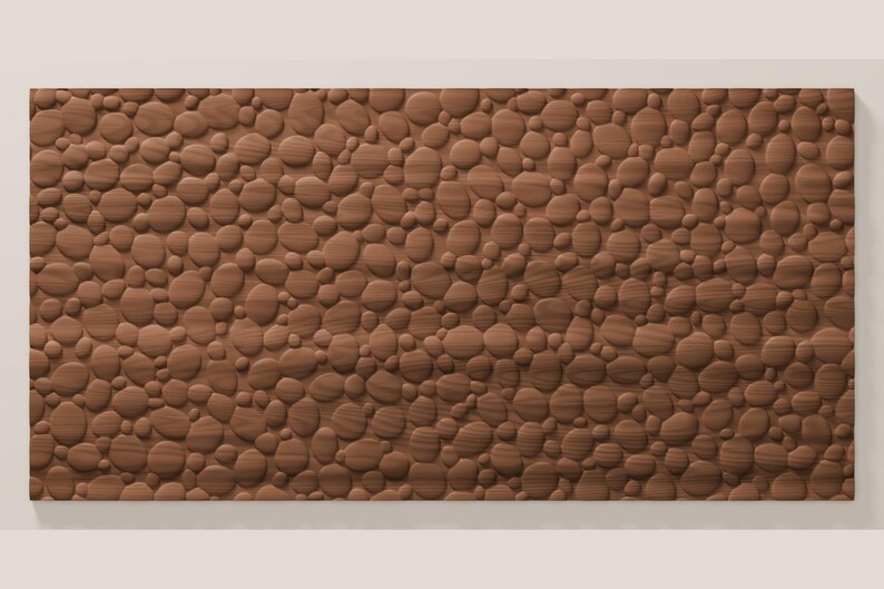 May include: A rectangular wooden wall panel featuring a three-dimensional surface texture composed of numerous rounded, pebble-like shapes of varying sizes. The wood displays a consistent medium-brown tone with visible horizontal grain patterns.