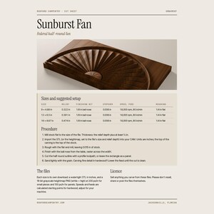 May include: A digital cut sheet for a Sunburst Fan wood carving project. The document includes a visual of a semi-circular fan relief, a table of sizes and suggested setup parameters in inches, and a six-step procedure for CNC machining.