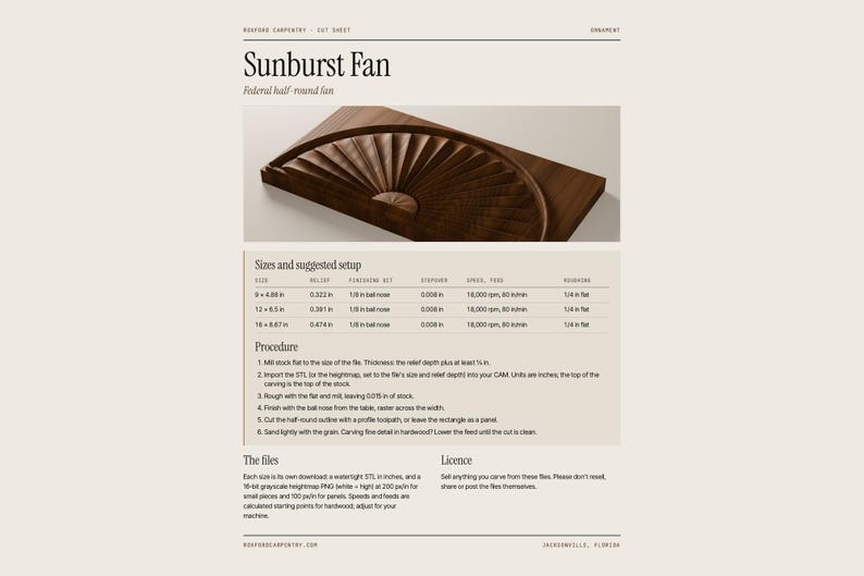 May include: A digital cut sheet for a Sunburst Fan wood carving project. The document includes a visual of a semi-circular fan relief, a table of sizes and suggested setup parameters in inches, and a six-step procedure for CNC machining.