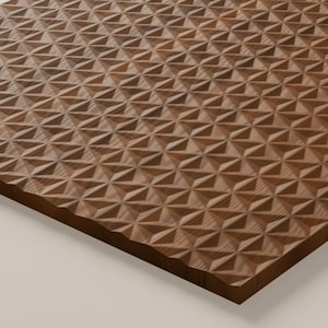 May include: A rectangular wooden panel featuring a repeating geometric pattern of carved, three-dimensional triangles. The surface displays a natural brown wood grain with alternating light and dark tones across the textured, faceted surface.