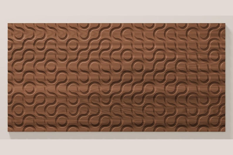 May include: A rectangular wooden panel featuring a repeating carved pattern of interconnected circles and flowing, curved lines. The surface displays a natural brown wood grain texture with deep, recessed grooves creating a three-dimensional effect.