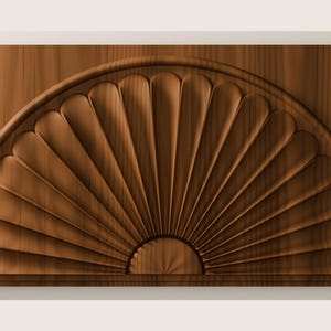 May include: A rectangular wooden panel featuring a carved semi-circular fan design. The relief pattern consists of radiating, rounded slats that originate from a central point at the bottom edge, all finished in a warm, medium-brown wood grain.
