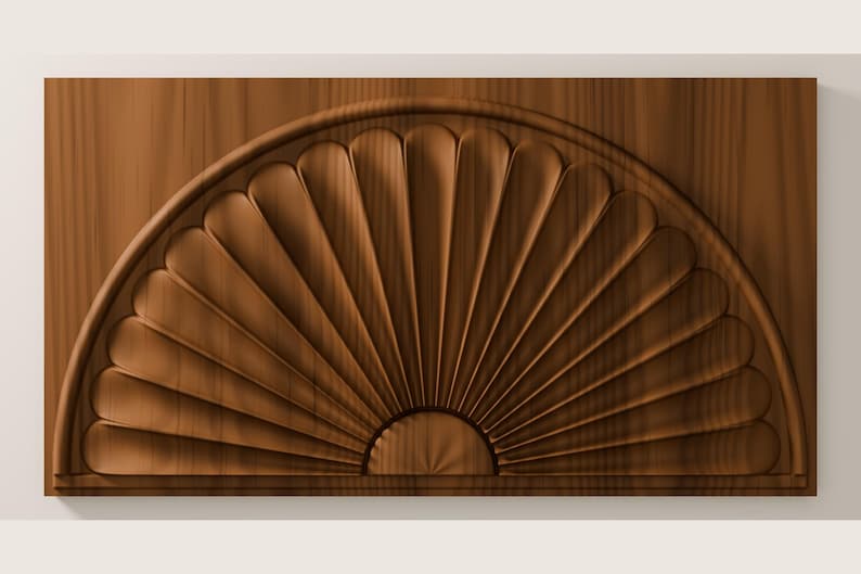 May include: A rectangular wooden panel featuring a carved semi-circular fan design. The relief pattern consists of radiating, rounded slats that originate from a central point at the bottom edge, all finished in a warm, medium-brown wood grain.