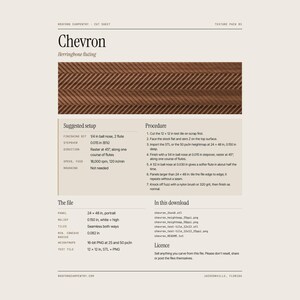 Puede incluir: Una hoja de especificaciones t&eacute;cnicas para un paquete de texturas Chevron herringbone fluting. El documento incluye una imagen con patr&oacute;n de grano de madera marr&oacute;n, par&aacute;metros de configuraci&oacute;n sugeridos, procedimientos de mecanizado y detalles de archivos.