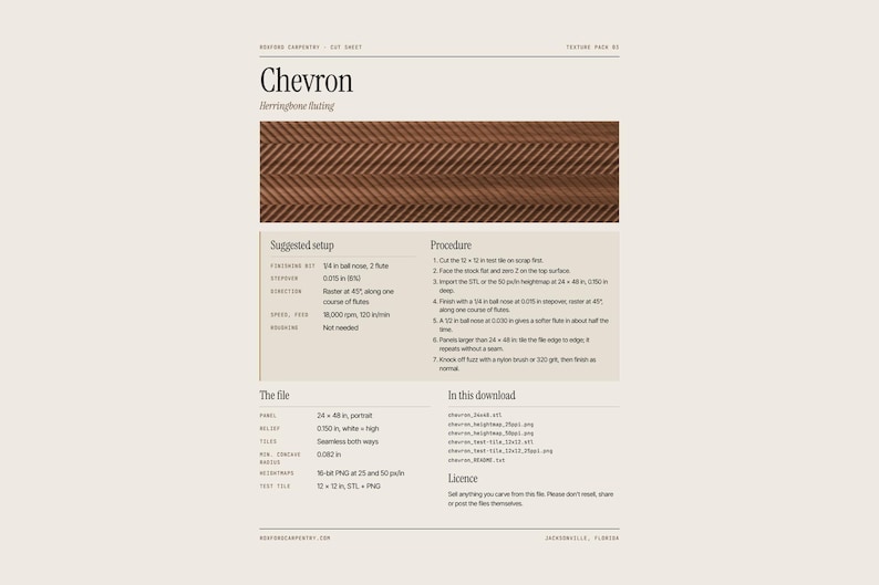Puede incluir: Una hoja de especificaciones t&eacute;cnicas para un paquete de texturas Chevron herringbone fluting. El documento incluye una imagen con patr&oacute;n de grano de madera marr&oacute;n, par&aacute;metros de configuraci&oacute;n sugeridos, procedimientos de mecanizado y detalles de archivos.