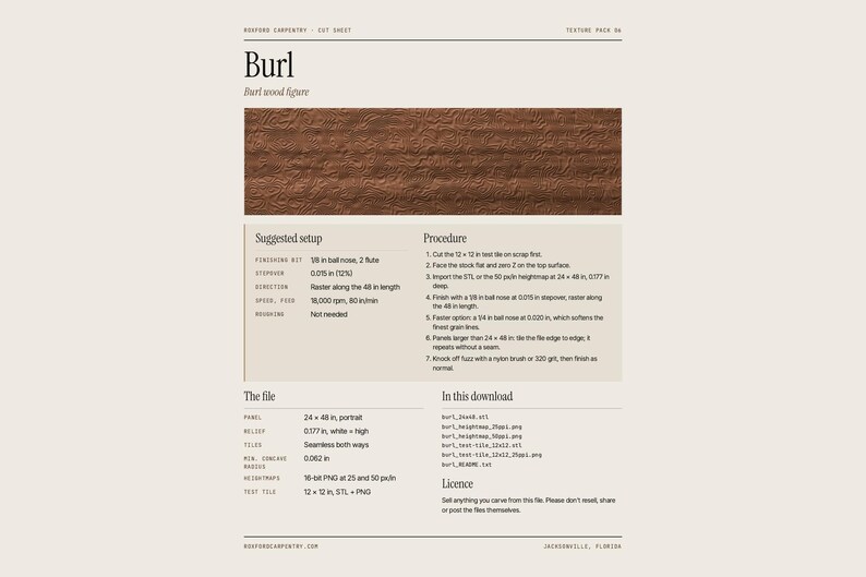 May include: A digital cut sheet for Burl wood figure texture pack 06. The document displays a brown wood grain sample, suggested setup parameters, procedure steps, file specifications in 24 x 48 inches, and download contents.