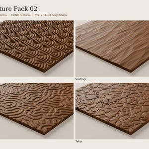 May include: A digital display titled Texture Pack 02 featuring four brown square panels with distinct relief patterns labelled Seigaiha, Sastrugi, Coral, and Takyr. The text includes Natural forms, 4 CNC textures, and STL + 16-bit heightmaps.