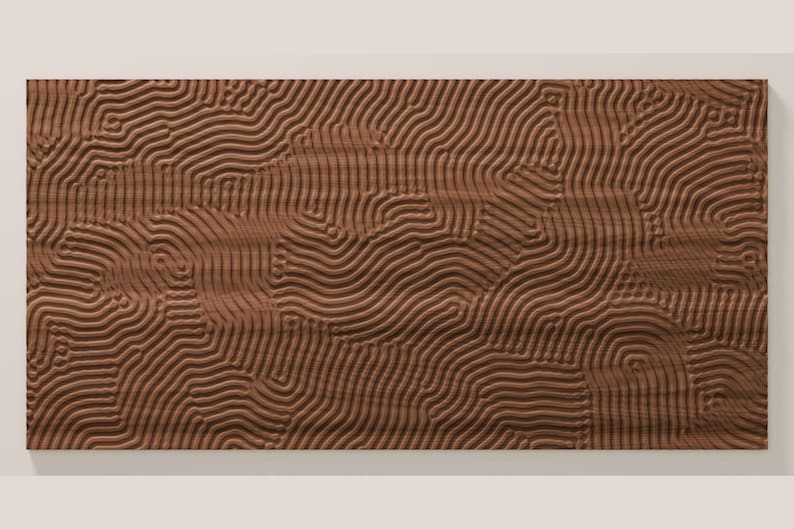 May include: A rectangular brown wooden panel featuring a carved surface with a continuous pattern of raised, flowing, parallel lines that create a textured, wave-like effect across the entire face of the material.