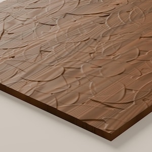 May include: A rectangular wooden panel featuring a carved surface with a repeating pattern of overlapping circular and leaf-like shapes. The wood displays a natural brown grain with visible texture and depth created by the relief carving.
