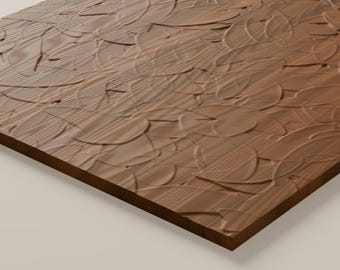 May include: A rectangular wooden panel featuring a carved surface with a repeating pattern of overlapping circular and leaf-like shapes. The wood displays a natural brown grain with visible texture and depth created by the relief carving.