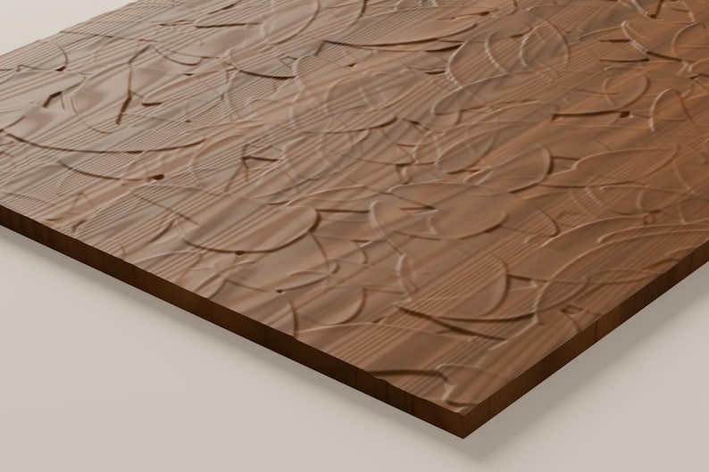 May include: A rectangular wooden panel featuring a carved surface with a repeating pattern of overlapping circular and leaf-like shapes. The wood displays a natural brown grain with visible texture and depth created by the relief carving.