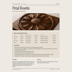 May include: A technical cut sheet for a Petal Rosette, featuring a twelve-petal carved rosette in wood. The document includes a table with sizes and suggested setup parameters in inches, along with detailed procedure steps and licensing information.