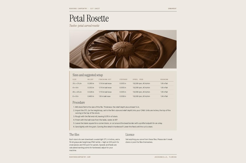 May include: A technical cut sheet for a Petal Rosette, featuring a twelve-petal carved rosette in wood. The document includes a table with sizes and suggested setup parameters in inches, along with detailed procedure steps and licensing information.