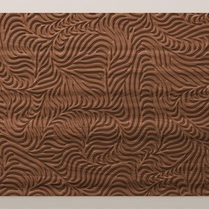 May include: A rectangular wooden panel featuring a deeply carved, continuous pattern of flowing, organic, leaf-like lines. The medium-brown wood surface displays a consistent grain texture throughout the intricate, repeating relief design.