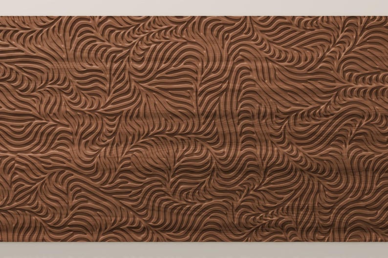 May include: A rectangular wooden panel featuring a deeply carved, continuous pattern of flowing, organic, leaf-like lines. The medium-brown wood surface displays a consistent grain texture throughout the intricate, repeating relief design.