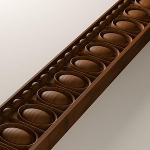 May include: A long, linear wooden molding strip featuring a repeating pattern of raised, smooth, oval-shaped centers framed by thin, rounded borders, flanked by a continuous row of small, spherical wooden beads along one side.