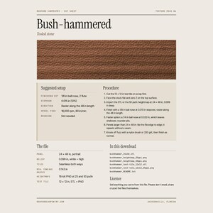 May include: A digital cut sheet for bush-hammered tooled stone texture. The document includes a brown textured sample image, a suggested setup table, a seven-step procedure list, file specifications, and a list of included download files.