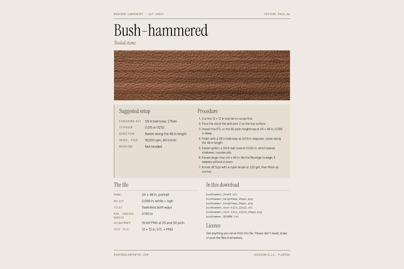 May include: A digital cut sheet for bush-hammered tooled stone texture. The document includes a brown textured sample image, a suggested setup table, a seven-step procedure list, file specifications, and a list of included download files.