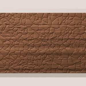 May include: A rectangular wooden panel featuring a raised, irregular, puzzle-like texture across its entire surface. The wood has a medium brown tone with visible horizontal grain patterns running beneath the carved, organic, stone-like shapes.