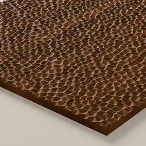 May include: A rectangular wooden panel featuring a deeply carved, repeating geometric pattern across its surface. The texture consists of numerous small, interconnected, multi-faceted indentations that create a dark brown, honeycombed appearance.