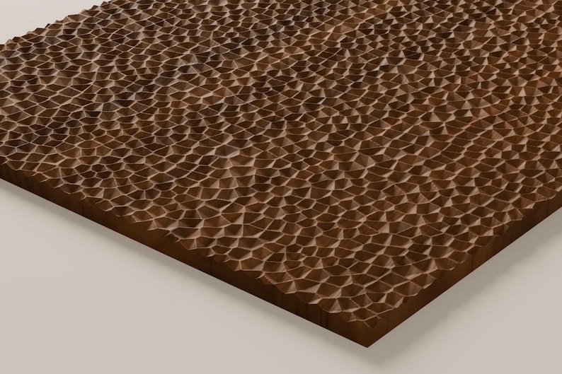 May include: A rectangular wooden panel featuring a deeply carved, repeating geometric pattern across its surface. The texture consists of numerous small, interconnected, multi-faceted indentations that create a dark brown, honeycombed appearance.