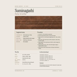 May include: A digital product information sheet titled Suminagashi floating ink marbling. It features a brown, wood-grain texture with concentric, wavy patterns. The document includes technical specifications, a procedure list, and file details.