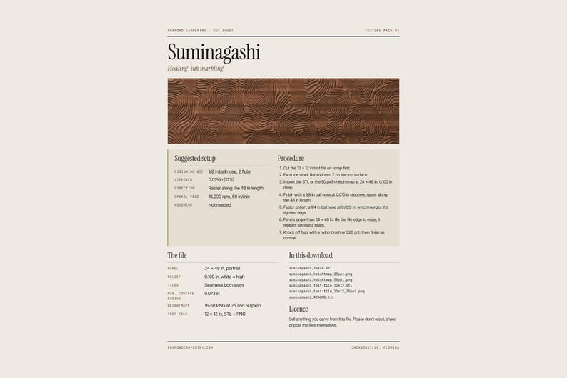 May include: A digital product information sheet titled Suminagashi floating ink marbling. It features a brown, wood-grain texture with concentric, wavy patterns. The document includes technical specifications, a procedure list, and file details.