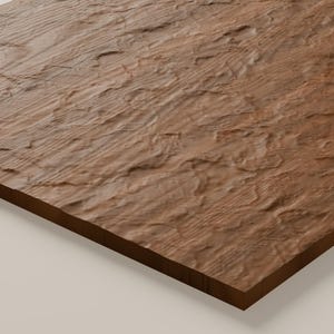 May include: A rectangular wooden board featuring a rich brown color and a highly textured, uneven surface that mimics the appearance of natural, weathered wood grain with deep ridges and organic, raised patterns across the entire top.