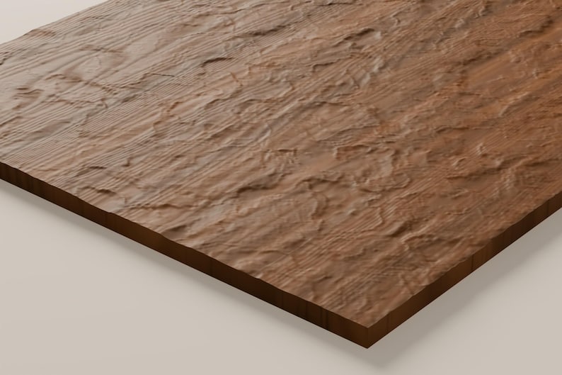 May include: A rectangular wooden board featuring a rich brown color and a highly textured, uneven surface that mimics the appearance of natural, weathered wood grain with deep ridges and organic, raised patterns across the entire top.